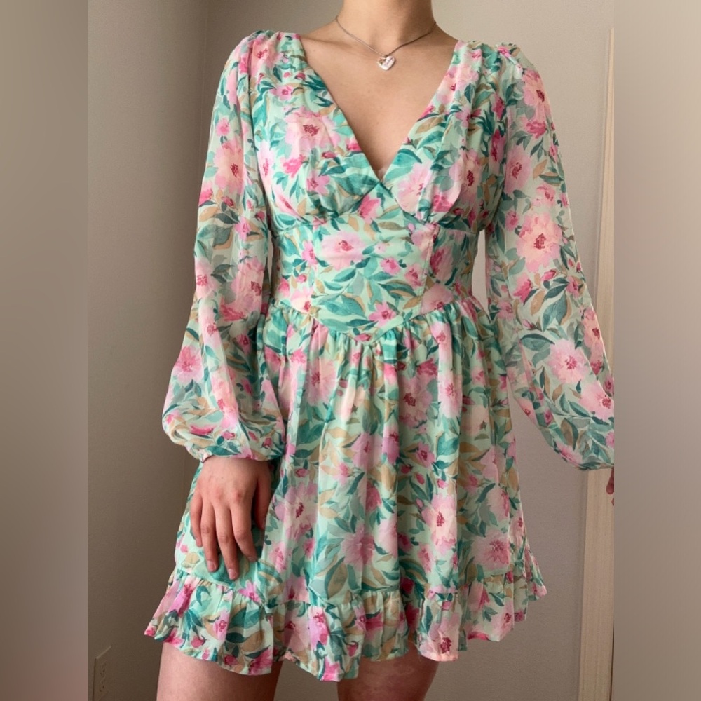 Pink and green floral flowy dress with corset waist and cut out back
